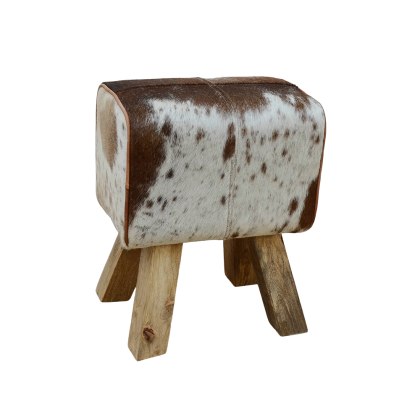Wood And Leather Stool - Cowprint